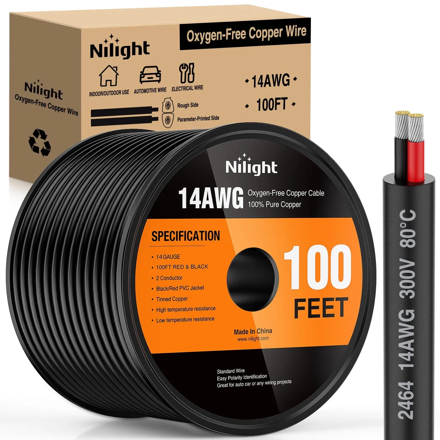 100FT 14AWG Oxygen-Free Copper Wire Red Black Electrical Wire Stranded PVC Cord 2 Conductor Parallel 300V DC Flexible Extension Cords