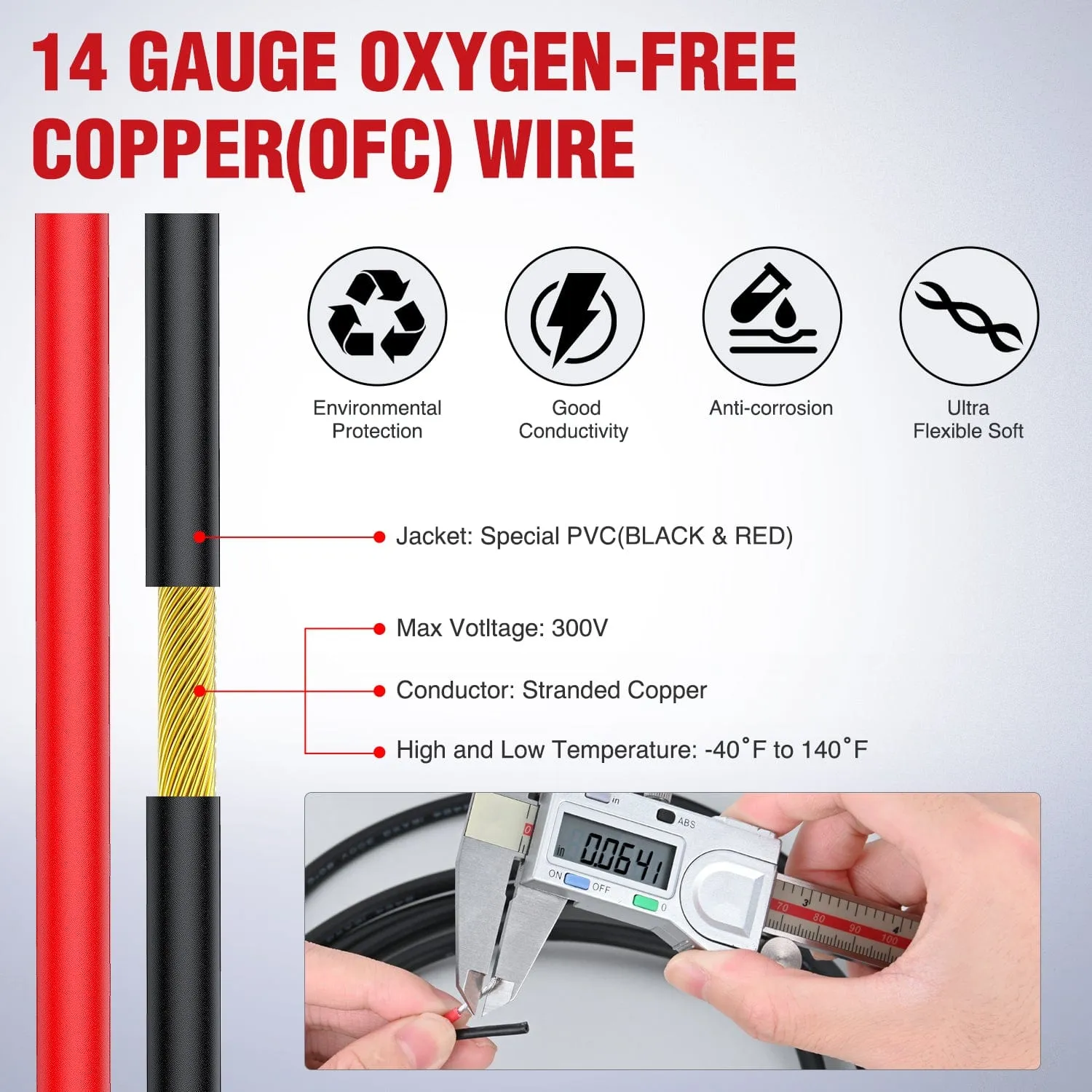 100FT 14AWG Oxygen-Free Copper Wire Red Black Electrical Wire Stranded PVC Cord 2 Conductor Parallel 300V DC Flexible Extension Cords