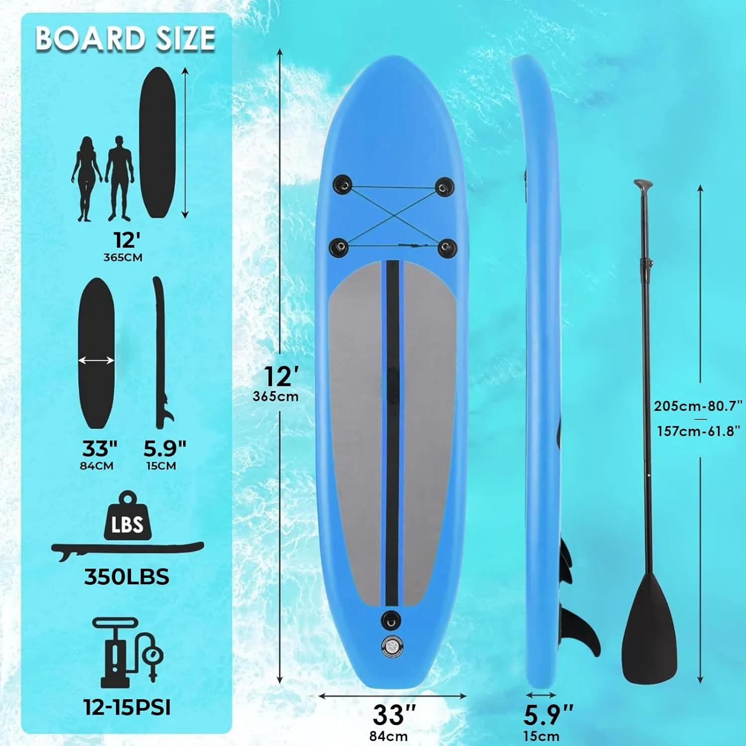 12FT Stand Up Paddle Board, Inflatable Paddleboard with SUP Accessories & Carry Bag, Paddle, Hand Pump, Non-Slip Deck, Repair Kit,Leash, 400LBS
