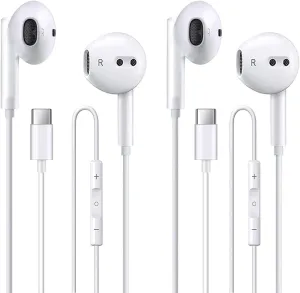 2 Pack of USB C Headphones for iPhone 16/16 Pro/16 Plus/16 Pro Max/15/15 Plus/15 Pro/15 Pro Max,USB Type C Earphones HiFi Stere, White Wired Earbuds with Microphone & Volume Control