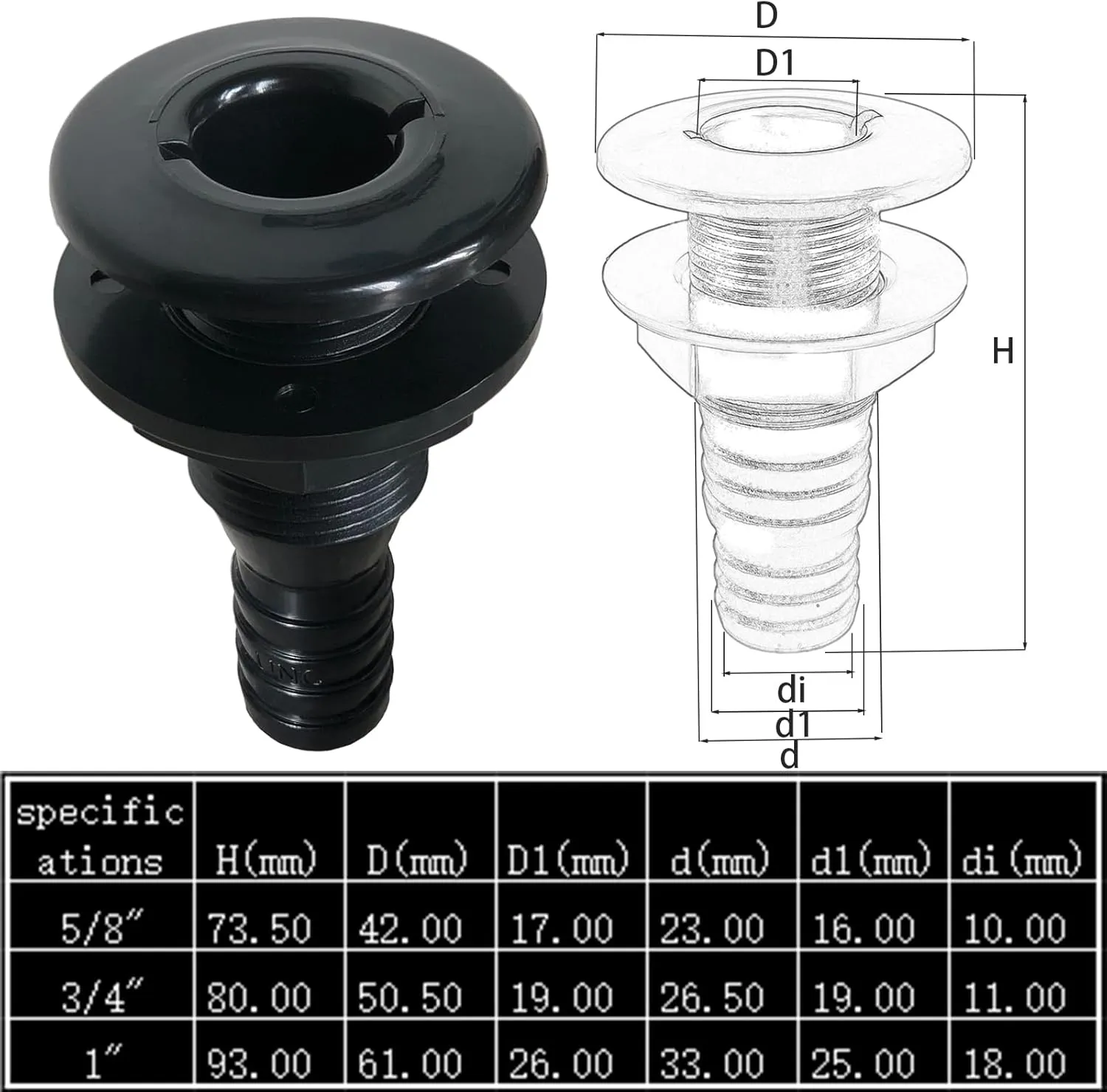 2Pcs Thru Hull Fittings for Boats,Straight Thru-Hull Connection for Hose,Plastic Through Hull Fitting
