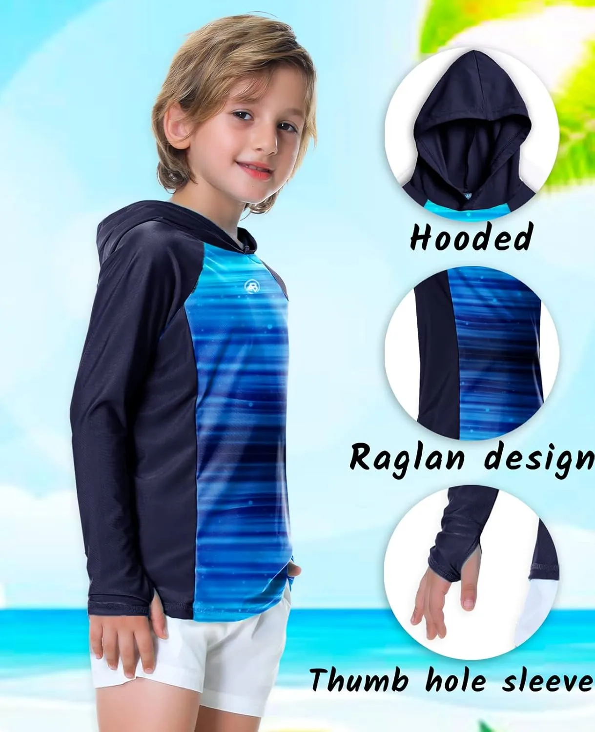 AOBUTE Unisex Kids Long Sleeve Hoodie Rash Guard Boys UPF 50  Swim Top with Thumb Hole 3-12 Years