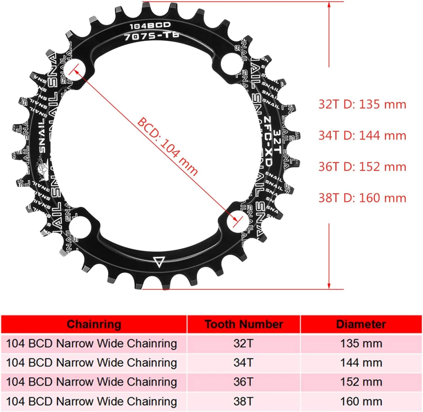 Boao Chainring 104 Bcd Chainring Narrow Wide Single Chain Ring with 4 Pieces Sprocket Bolts for Road Bikes, Mountain Bikes, BMX MTB Bike