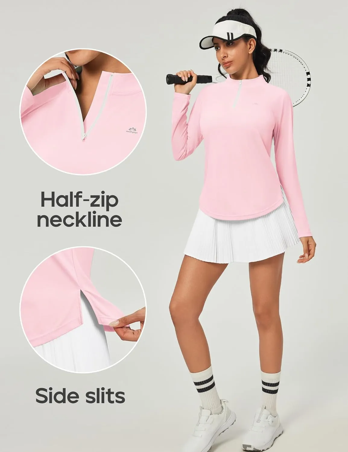 Heathyoga Womens Long Sleeve Workout Tops Golf Shirts for Woman UPF 50  UV Sun Protection SPF Shirts Quarter Zip Pullover