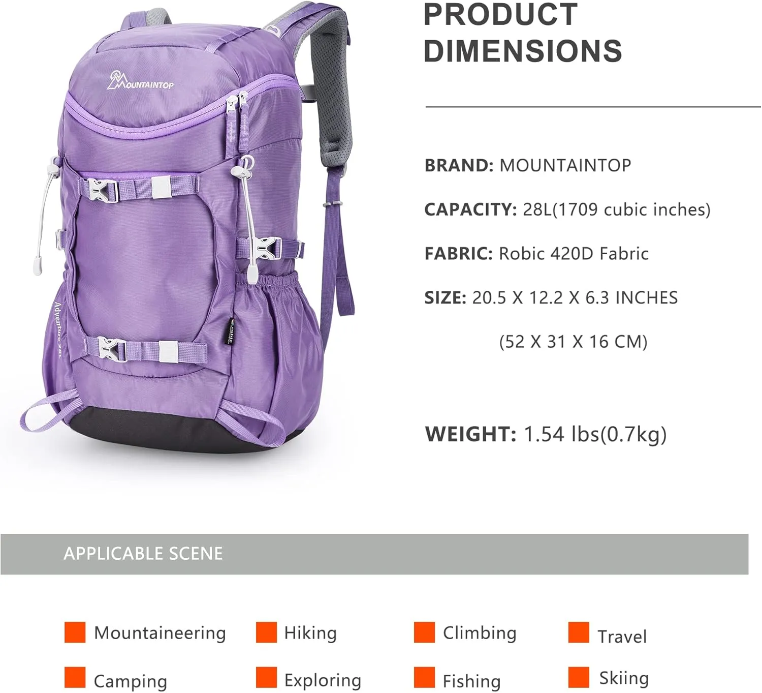 MOUNTAINTOP Small Hiking Backpack 28L Travel Daypack Lightweight for Women for Outdoor Camping, 20.512.26.3 INPurple