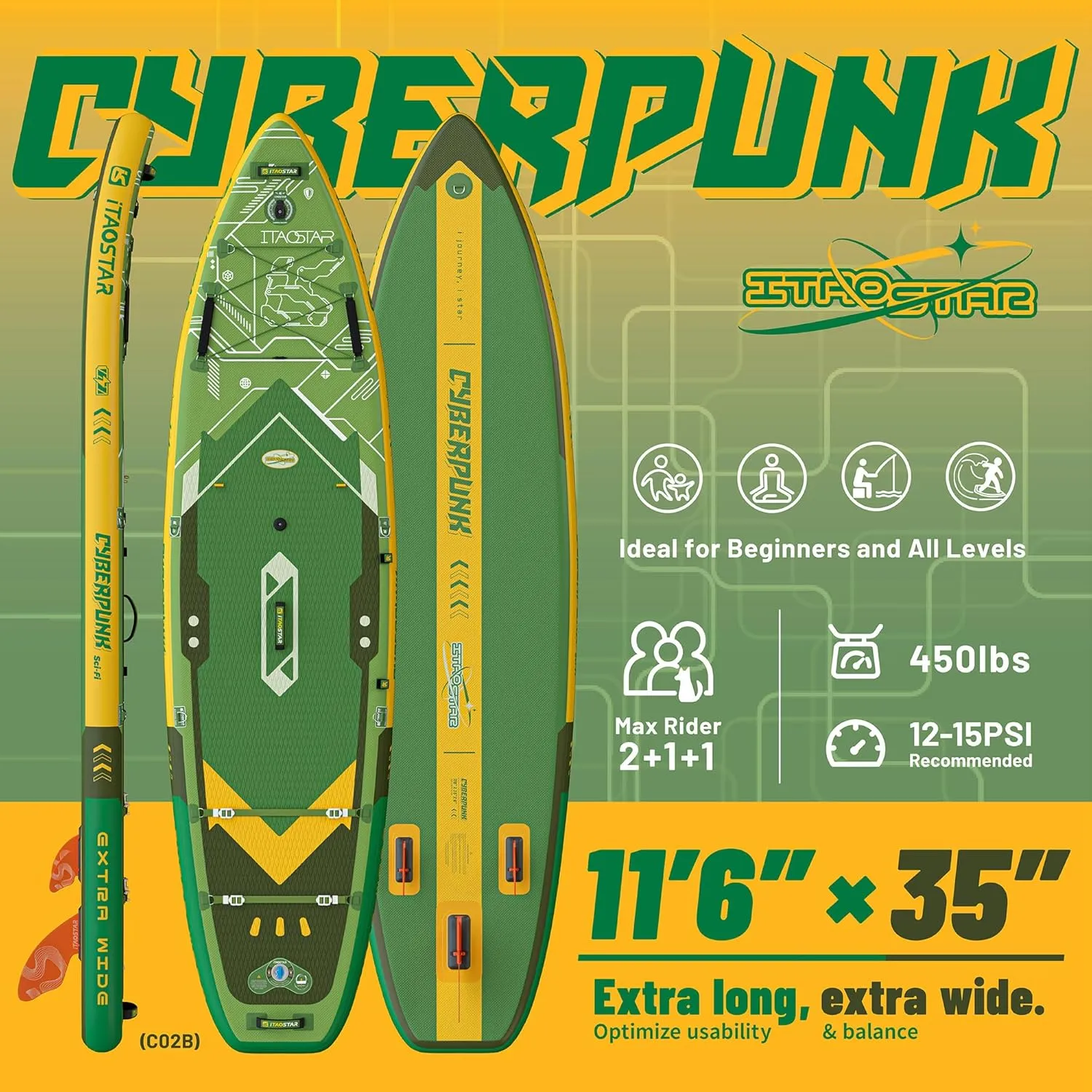 Novelty/Cyberpunk 11'6"35 Extra Wide Paddle Board with Seat, One-Stop Premium SUP Board Gears, Tailored 5 Fins, Stable Inflatable Stand Up Paddle Boards for Youth/Adults of All Levels
