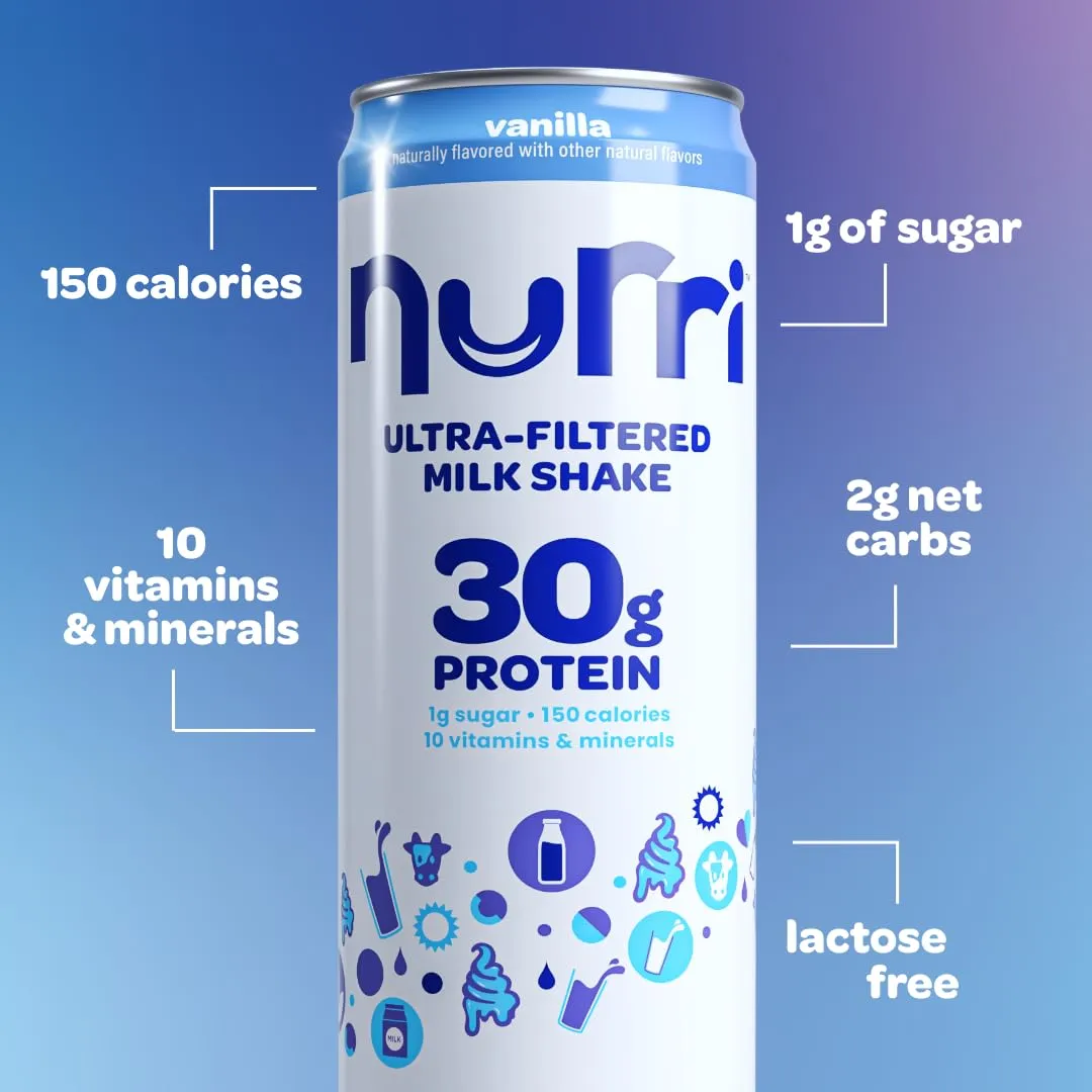 Nurri - 30g Protein Ultra Filtered Milk Shake  Vanilla - Lactose Free, Low Sugar, 150 Calories, 10 Vitamins and Minerals - 11 fl oz, 12 Cans