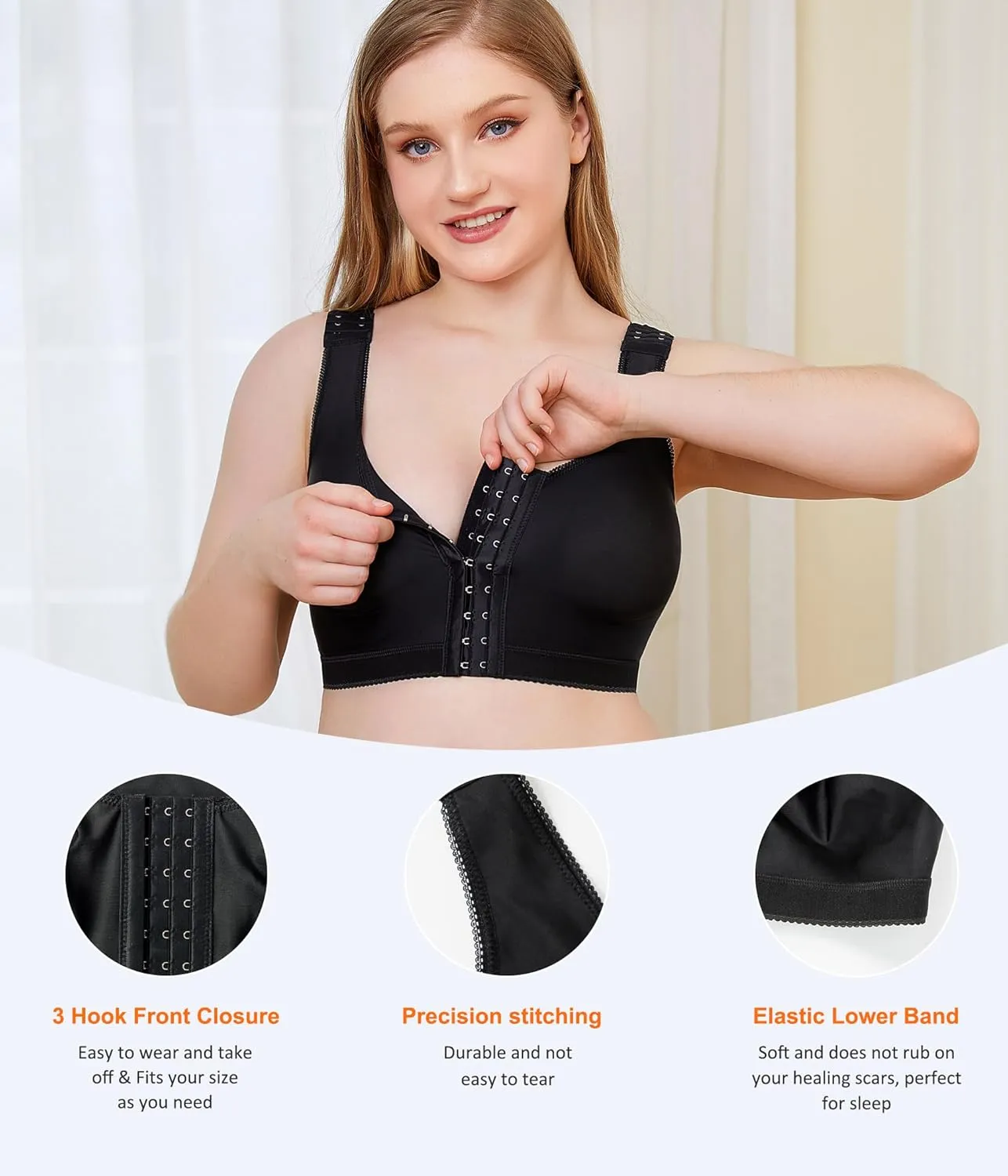 Wonderience Post-Surgical Bra Wide Adjustable Straps with Front Closure Wirefree