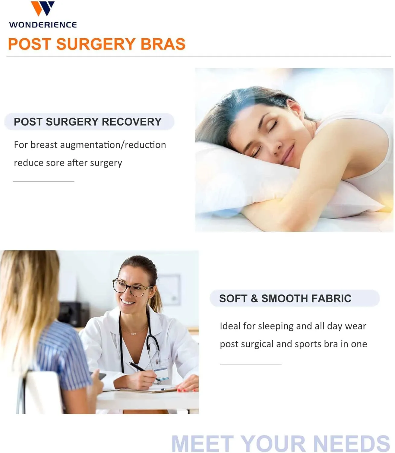 Wonderience Post-Surgical Bra Wide Adjustable Straps with Front Closure Wirefree