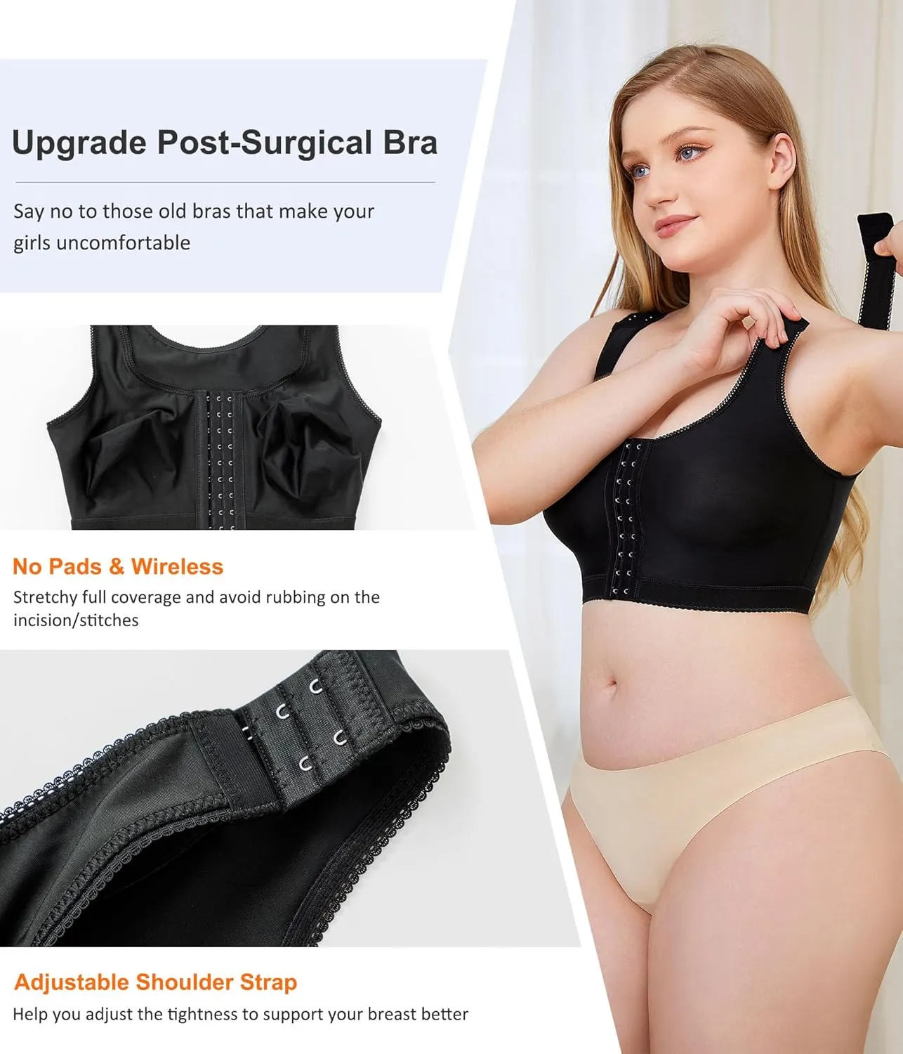Wonderience Post-Surgical Bra Wide Adjustable Straps with Front Closure Wirefree
